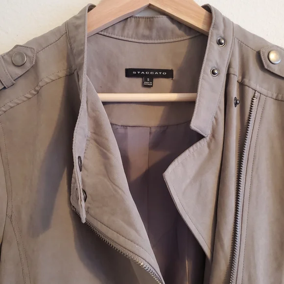 Staccato Taupe Lightweight Faux Suede Satin Lined Moto Jacket Outerwear - Picture 5 of 15